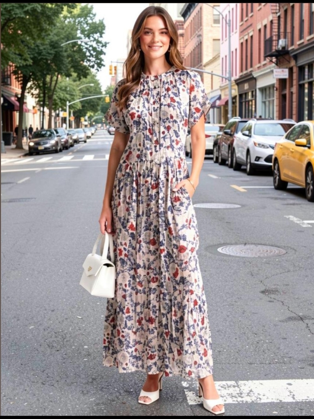 S/M🌸Vintage Floral Maxi Dress in Ivory with Red & Blue Print